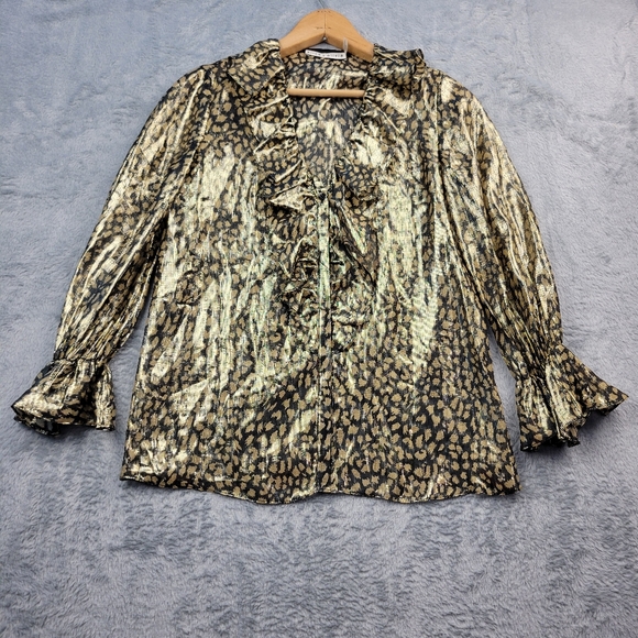 Alice + Olivia Womens Silk Blend Blouse Size XS Leopard Print Metallic Elliott - Picture 14 of 14